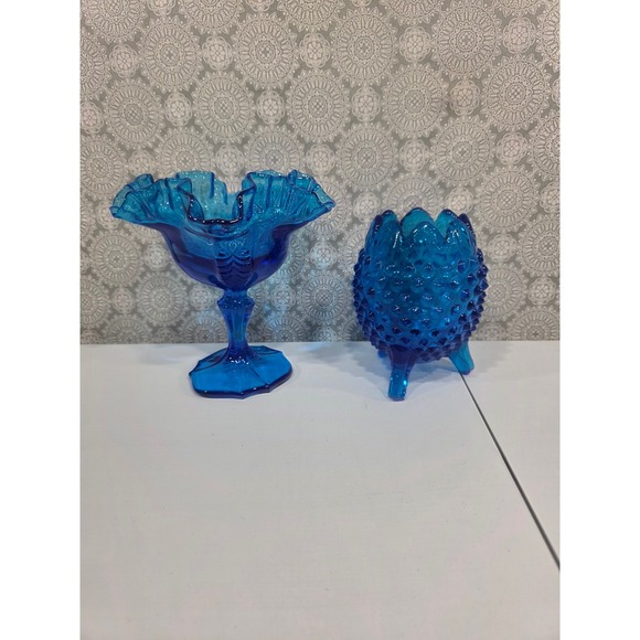 Vintage Blue Glass Candy Dish Ruffled Compote Hobnail Footed Bowl Set Fenton - Picture 1 of 11